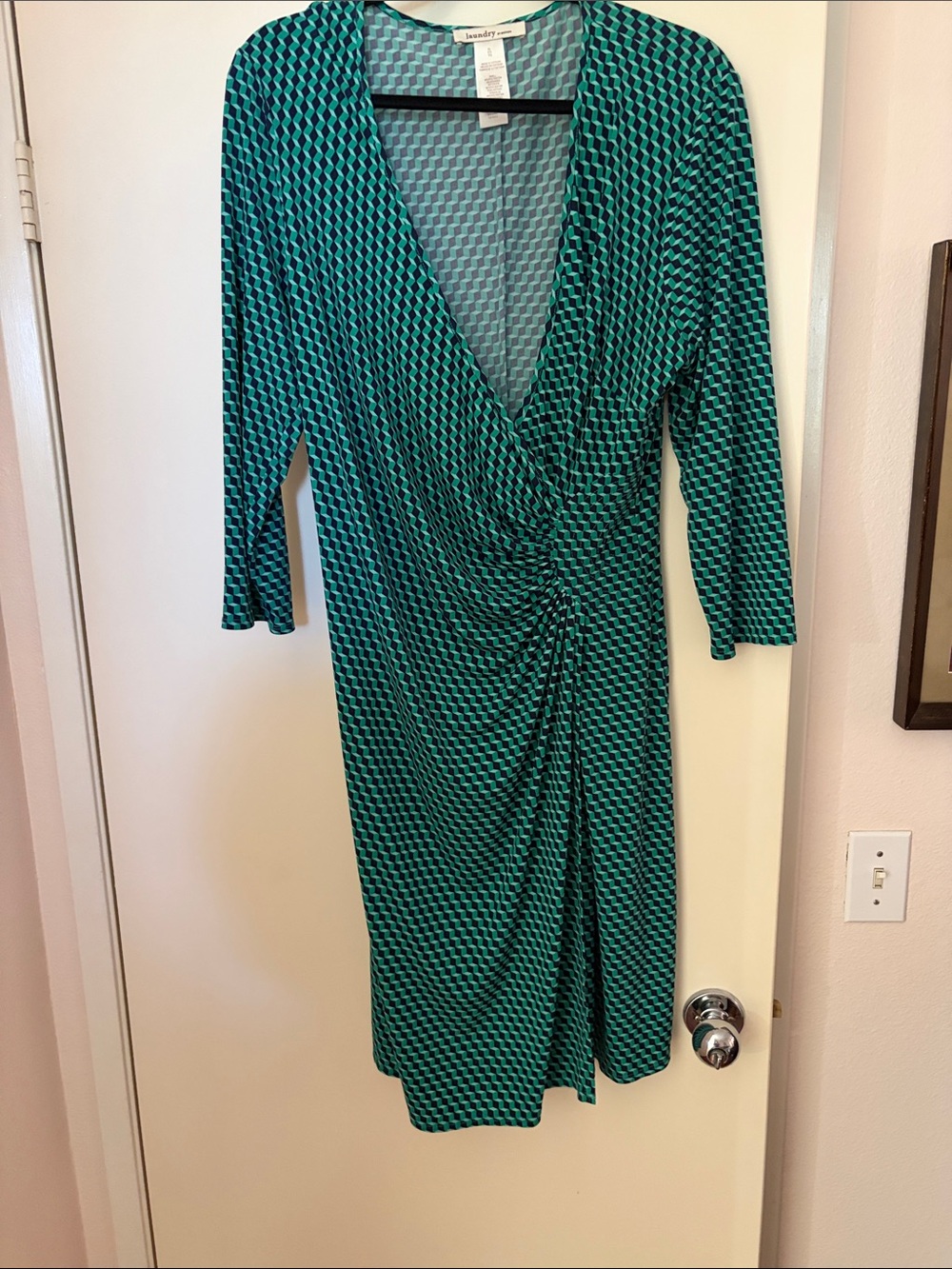 Laundry By Shelli Segal Teal and Black Geometric Wrap-Style Dress